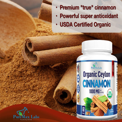YUMMYVITE Organic Ceylon Cinnamon - 1000mg per Serving, True Cinnamon Supplement, 60 Tablets