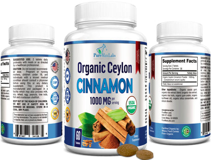 YUMMYVITE Organic Ceylon Cinnamon - 1000mg per Serving, True Cinnamon Supplement, 60 Tablets