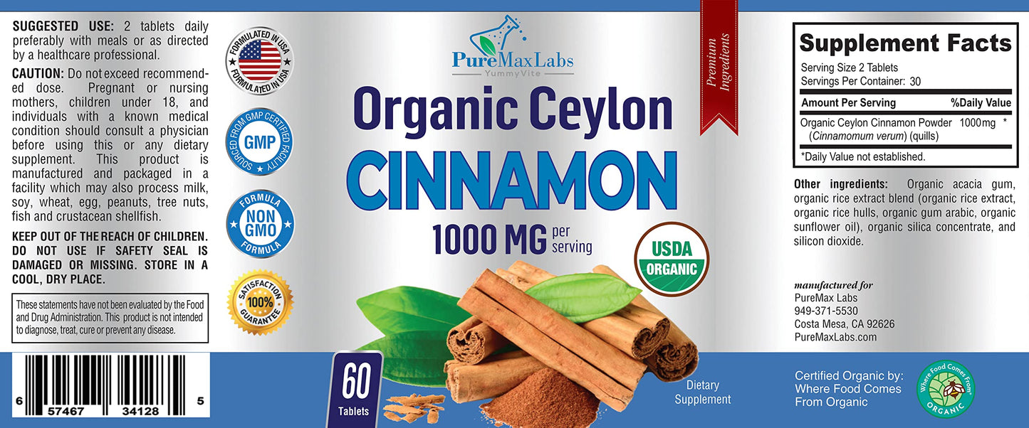 YUMMYVITE Organic Ceylon Cinnamon - 1000mg per Serving, True Cinnamon Supplement, 60 Tablets