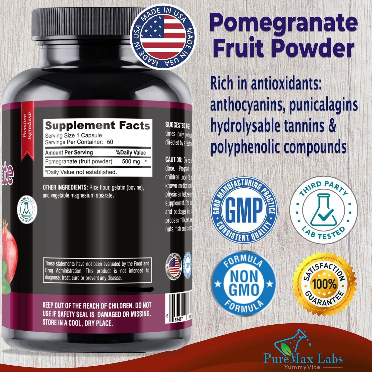 YUMMYVITE Pomegranate Capsules 500mg | Antioxidant Superfood, 60 Capsules