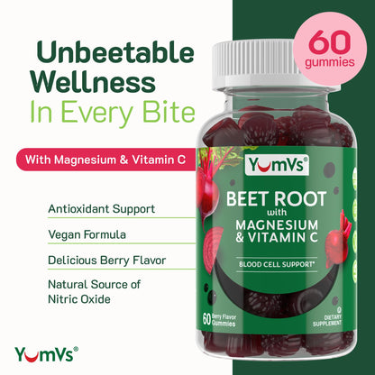 YumVs Beet Root Gummies with Magnesium & Vitamin C – Berry Flavor (60 Count)