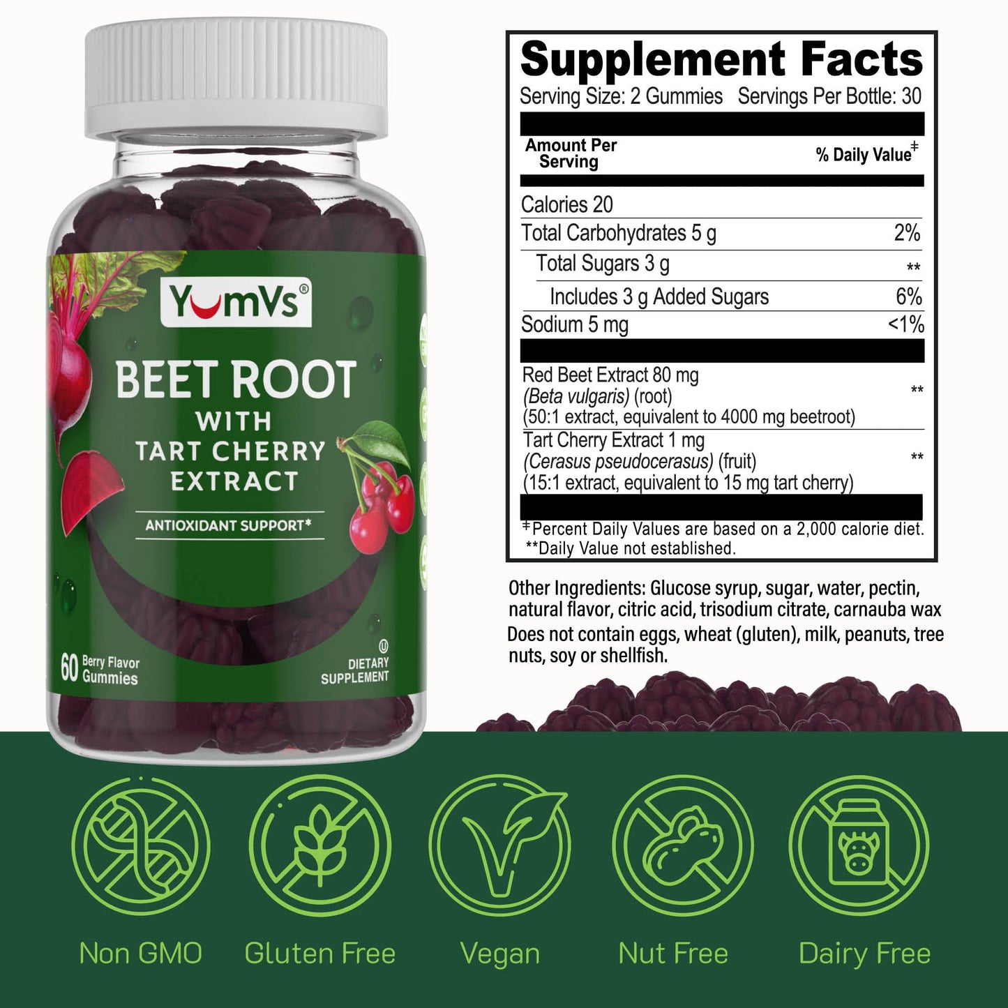 YUM-V'S Beet Root Gummies with Tart Cherry – Berry Flavor for Blood Circulation & Antioxidants