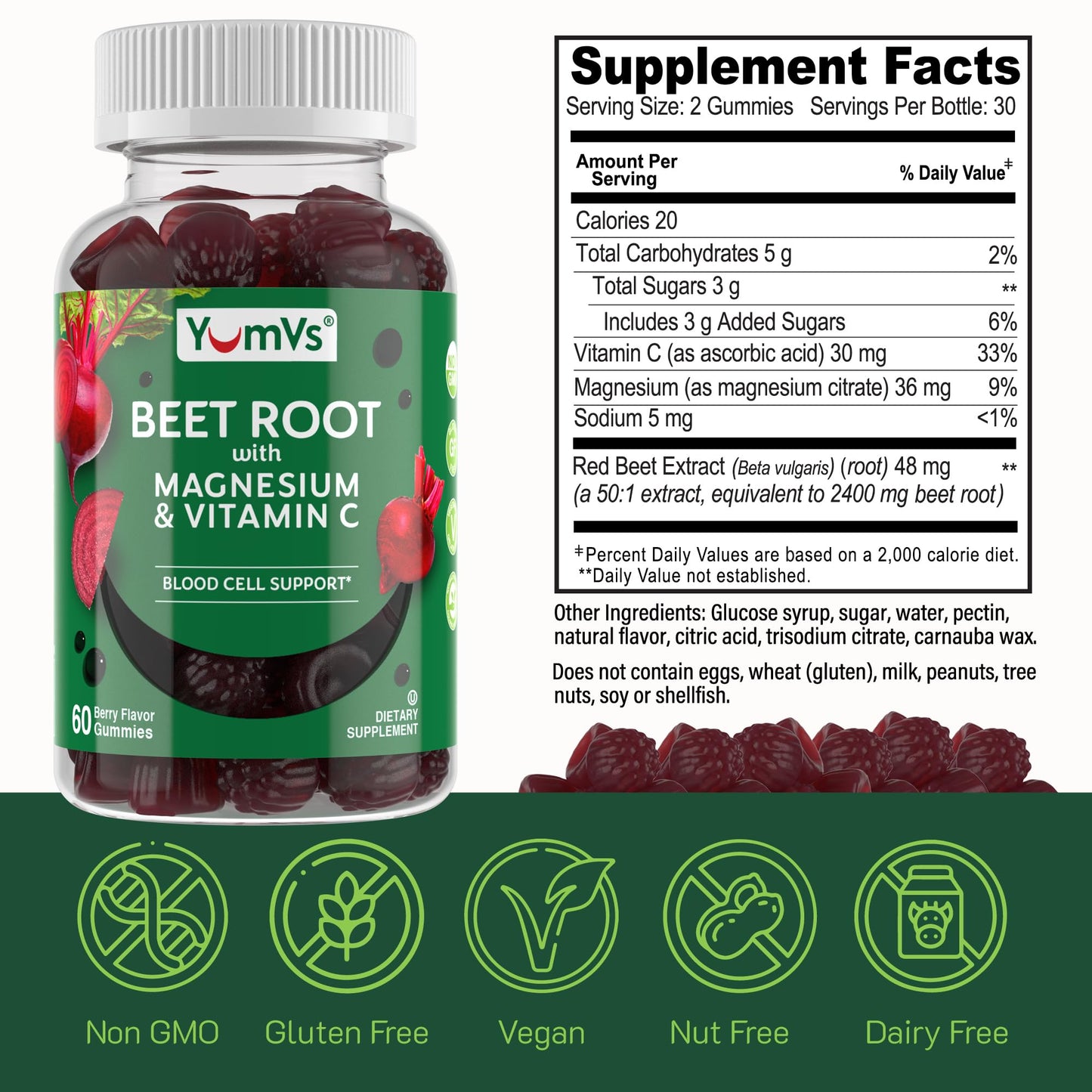 YumVs Beet Root Gummies with Magnesium & Vitamin C – Berry Flavor (60 Count)