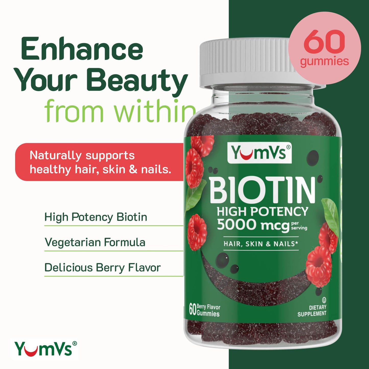 YumVs Biotin Gummies 5000mcg - Raspberry Flavor | Hair, Skin & Nails Vitamins (60 Count)