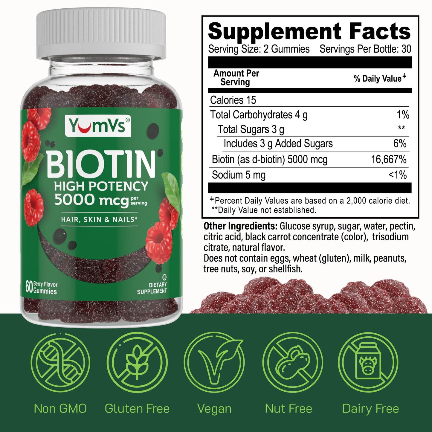 YumVs Biotin Gummies 5000mcg - Raspberry Flavor | Hair, Skin & Nails Vitamins (60 Count)