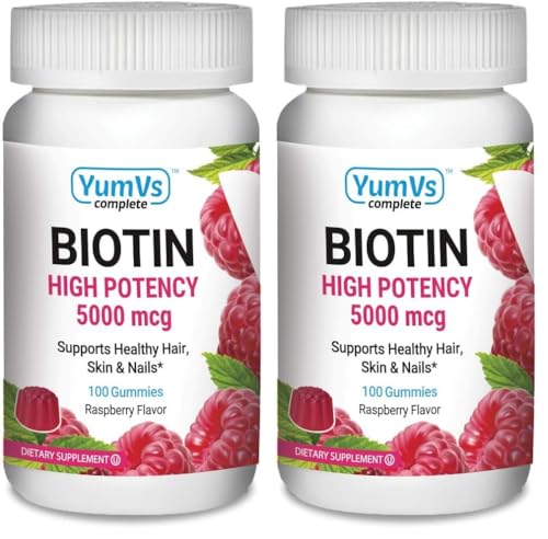 YUM-V'S Biotin Gummies – 10,000 mcg, Raspberry – Hair, Skin & Nails (Kosher) Pack of 2