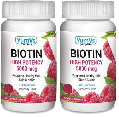 YUM-V'S Biotin Gummies – 10,000 mcg, Raspberry – Hair, Skin & Nails (Kosher) Pack of 2