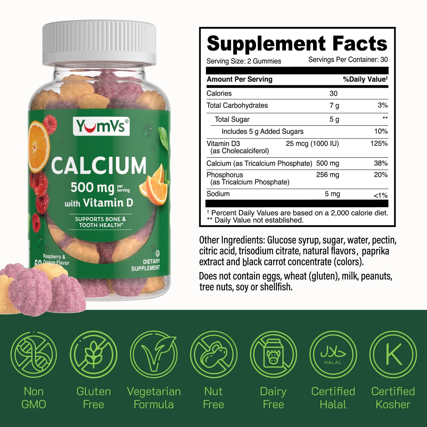 YumVs Calcium 500mg with Vitamin D3 Gummies - Raspberry & Orange