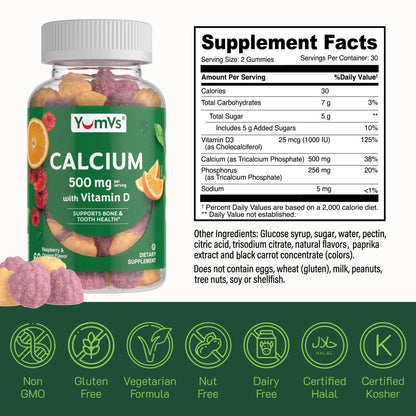 YumVs Calcium 500mg with Vitamin D3 Gummies - Raspberry & Orange