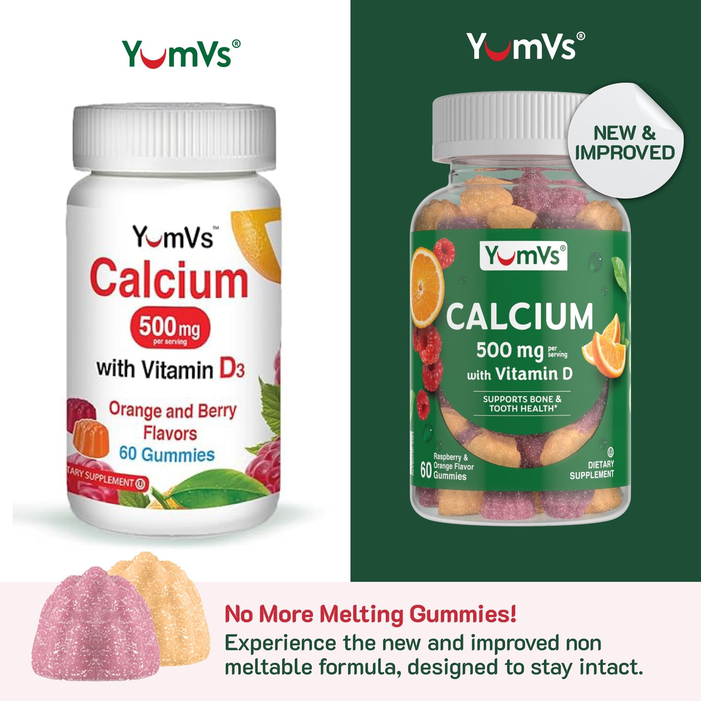 YumVs Calcium 500mg with Vitamin D3 Gummies - Raspberry & Orange