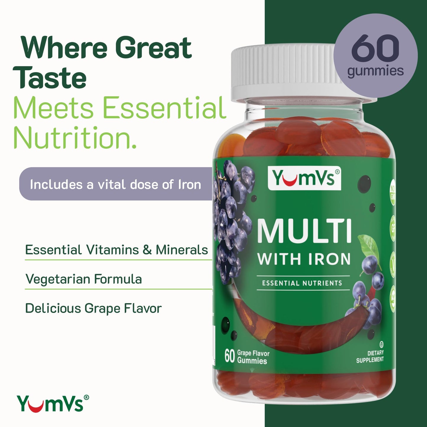 YUM-V'S Iron Gummies - Multivitamin with Iron, Vitamin C, A, B & Zinc | Grape Flavor | 60 Count