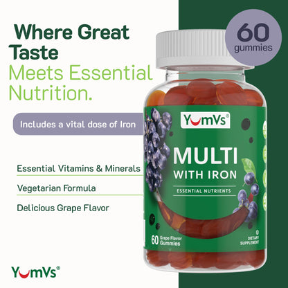 YUM-V'S Iron Gummies - Multivitamin with Iron, Vitamin C, A, B & Zinc | Grape Flavor | 60 Count