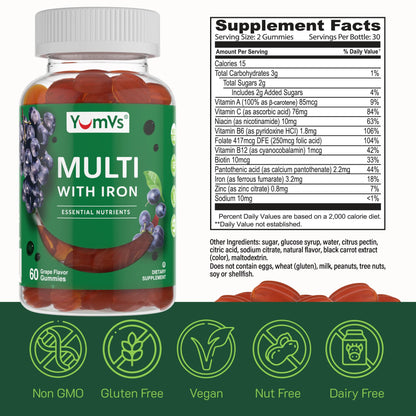 YUM-V'S Iron Gummies - Multivitamin with Iron, Vitamin C, A, B & Zinc | Grape Flavor | 60 Count