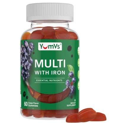 YUM-V'S Iron Gummies - Multivitamin with Iron, Vitamin C, A, B & Zinc | Grape Flavor | 60 Count