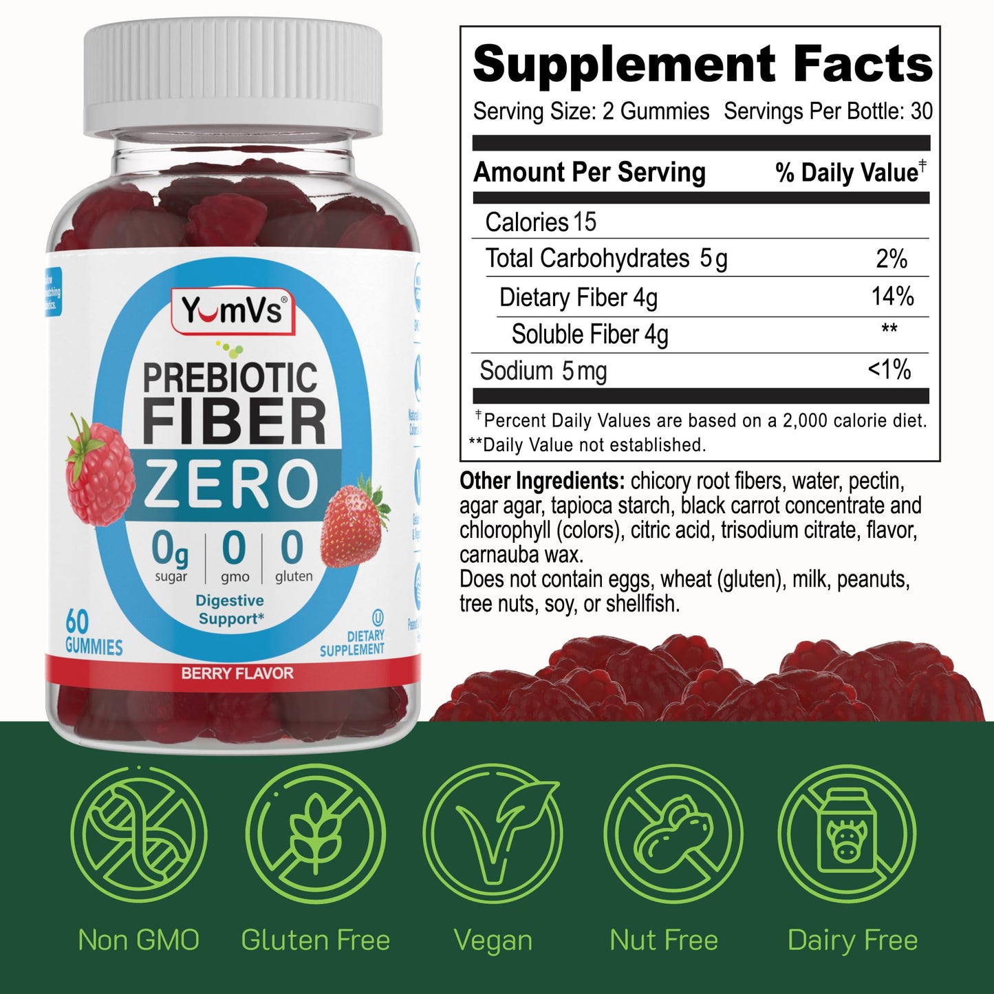 YumVs Sugar Free Fiber Gummies for Adults – 4g Prebiotic Fiber Supplement Gummies for Gut & Digestive Health – Keto Friendly, Vegan, Gluten Free, Non-GMO – Great Tasting Berry Flavor – 60 Count