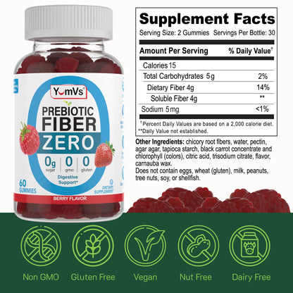 YumVs Sugar Free Fiber Gummies for Adults – 4g Prebiotic Fiber Supplement Gummies for Gut & Digestive Health – Keto Friendly, Vegan, Gluten Free, Non-GMO – Great Tasting Berry Flavor – 60 Count