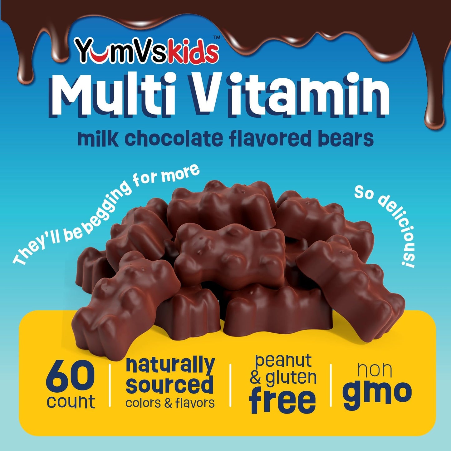 YUM-V'S Kids Multivitamin Chocolate Bears – 60 Count, 16 Vitamins & Minerals