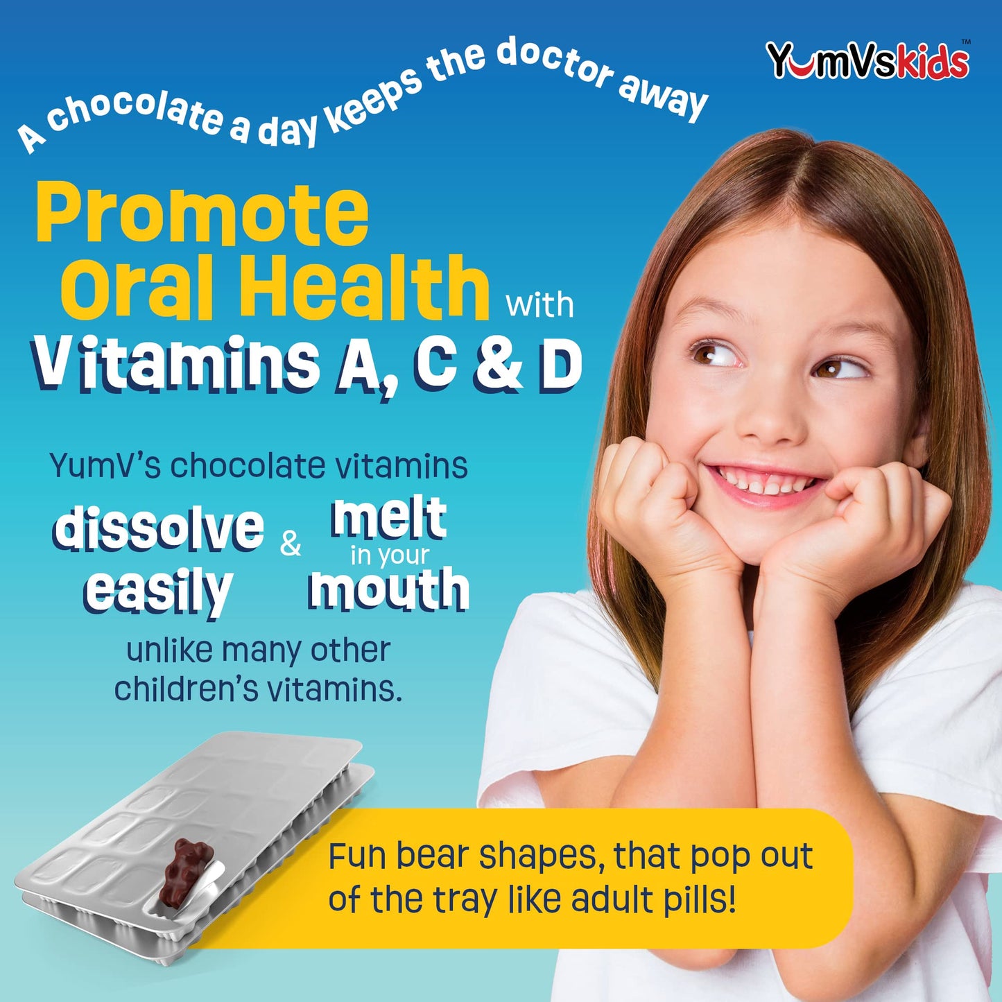 YUM-V'S Kids Multivitamin Chocolate Bears – 60 Count, 16 Vitamins & Minerals