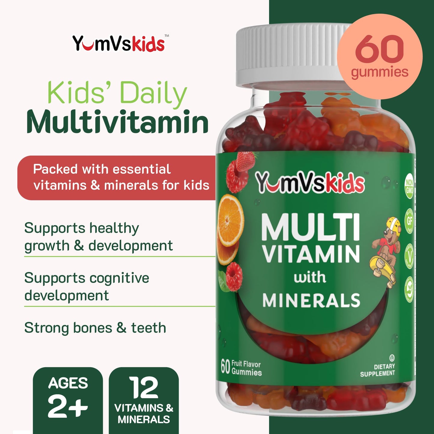 YumVs Kids Multivitamin Gummies - Fruit Flavored Chewable Multivitamin, 60 Count (Kosher, Halal, Gluten Free)