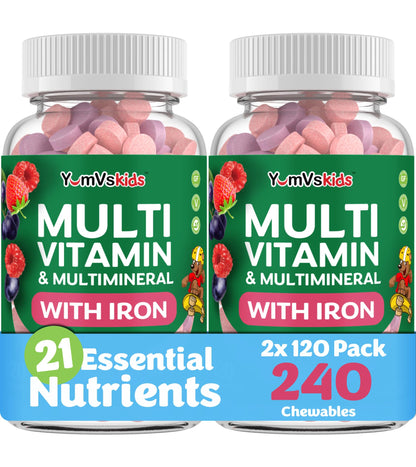 YUM-V'S Kids Multivitamin with Iron – 2-Pack, 120 Chewables | Kosher, Halal, Gluten Free