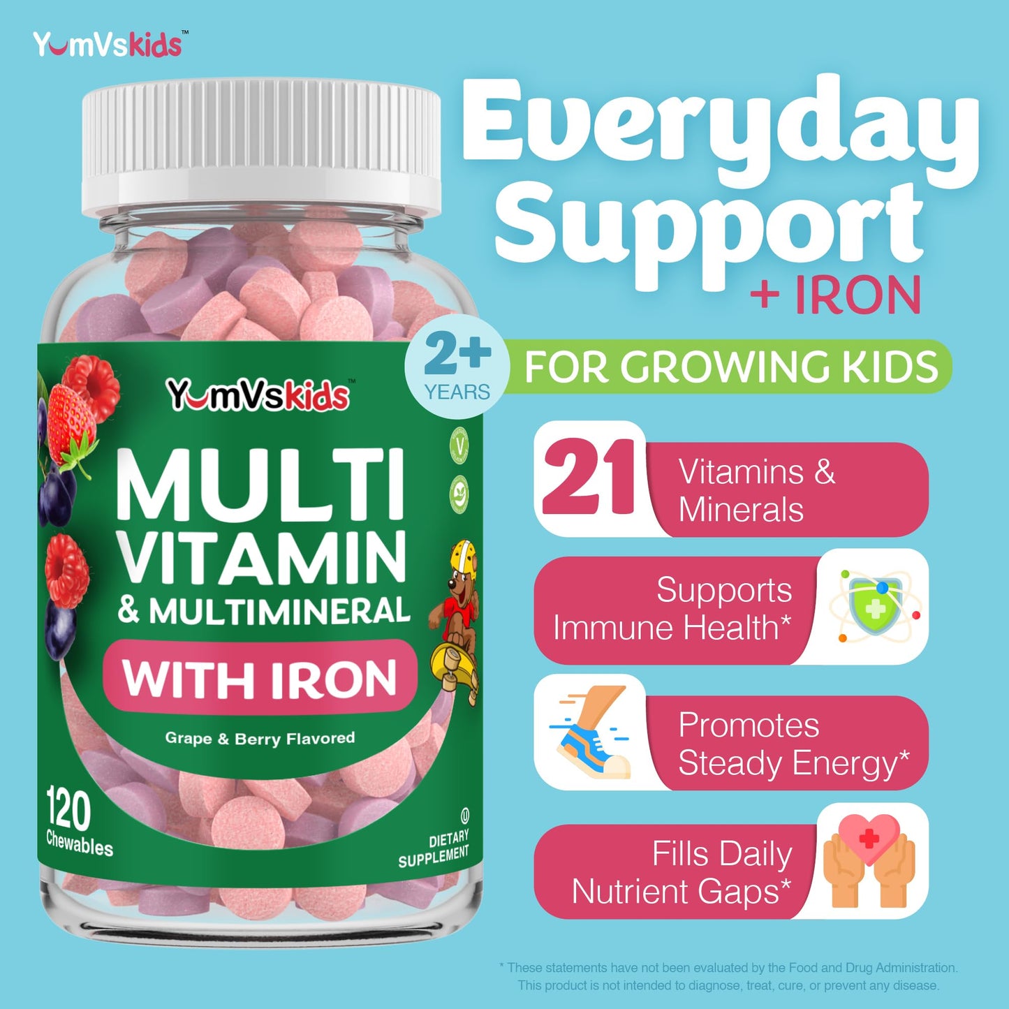 YUM-V'S Kids Multivitamin with Iron – 2-Pack, 120 Chewables | Kosher, Halal, Gluten Free