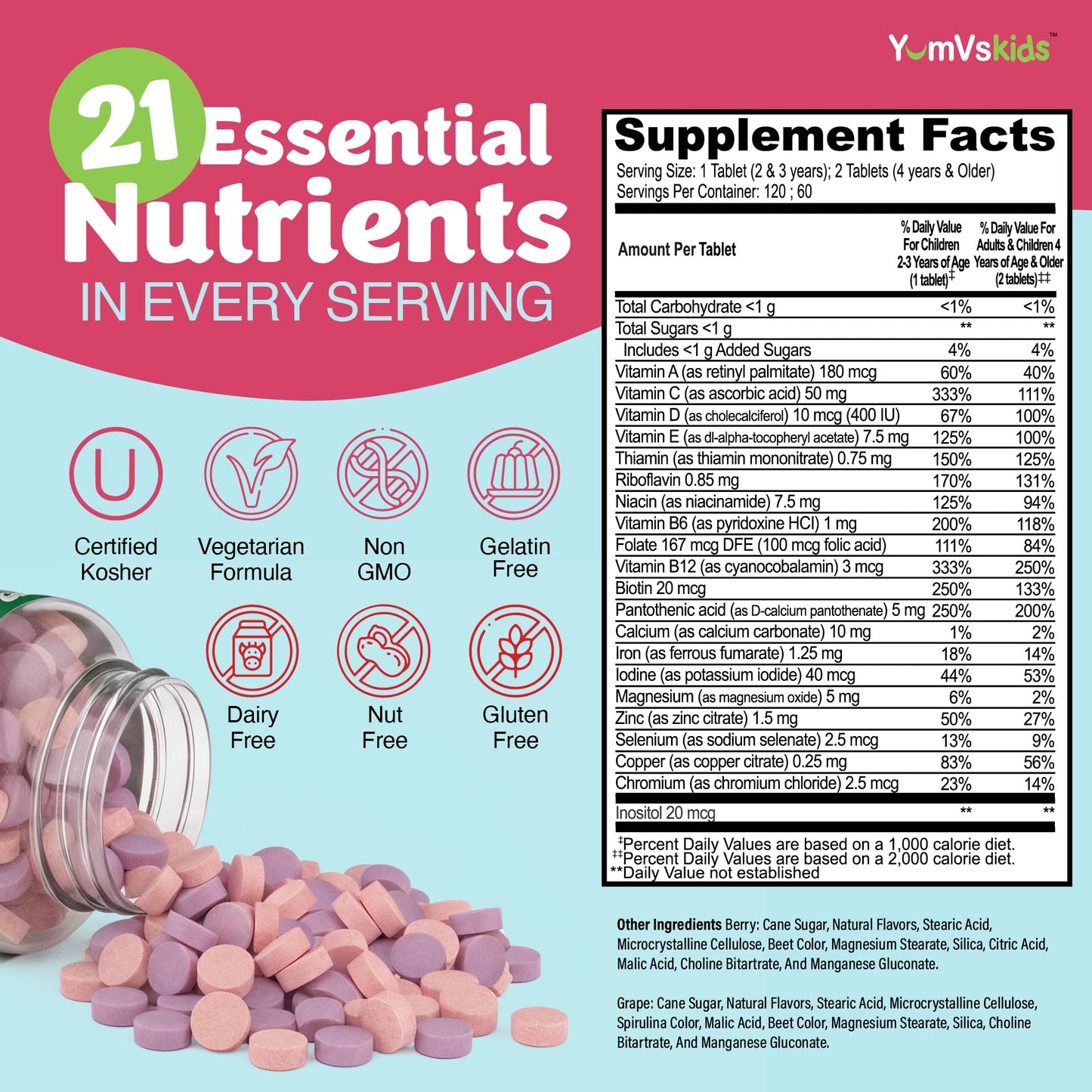 YUM-V'S Kids Multivitamin with Iron – 2-Pack, 120 Chewables | Kosher, Halal, Gluten Free