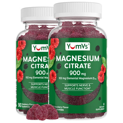 YUM-V'S Magnesium Citrate Gummies – 900mg for Nerve, Muscle & Enzyme Support – Gluten-Free Raspberry (Pack of 2)