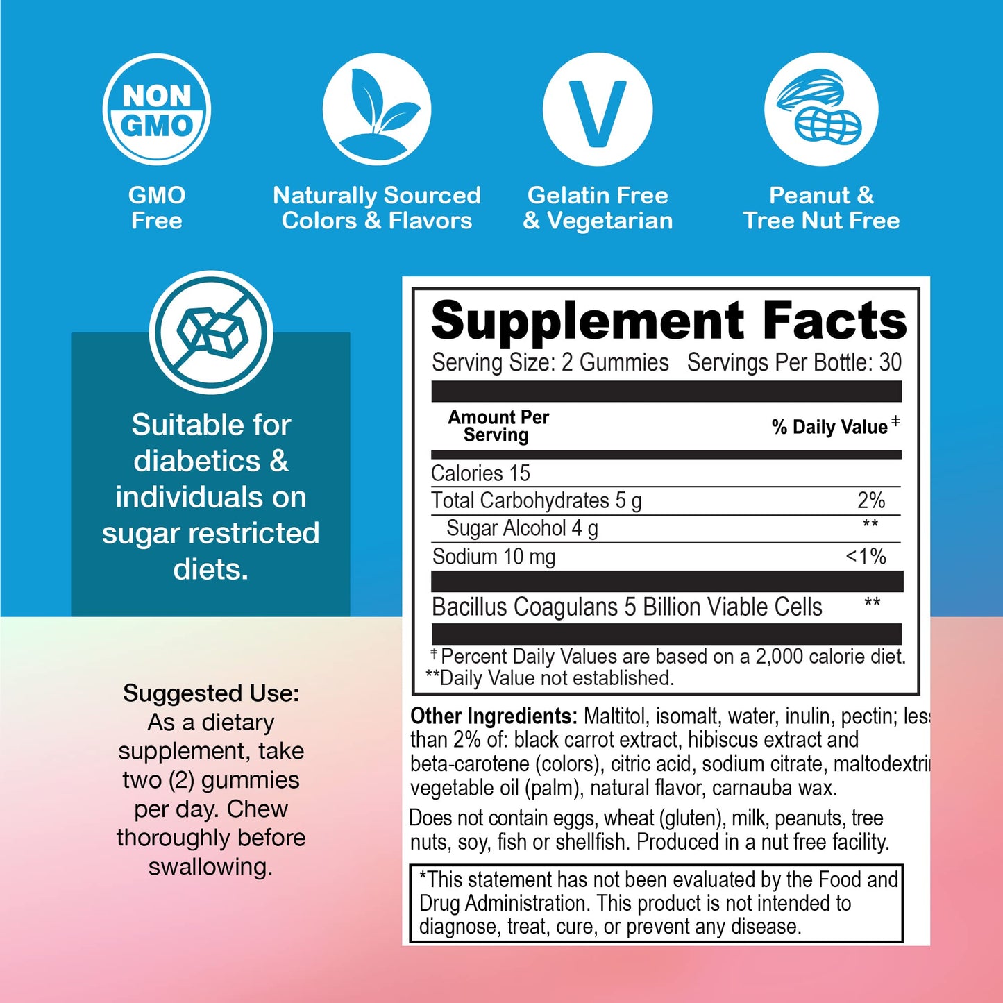 YUM-V'S Zero Sugar Probiotic Gummies — Digestive Health & Gut Support (60-Count)