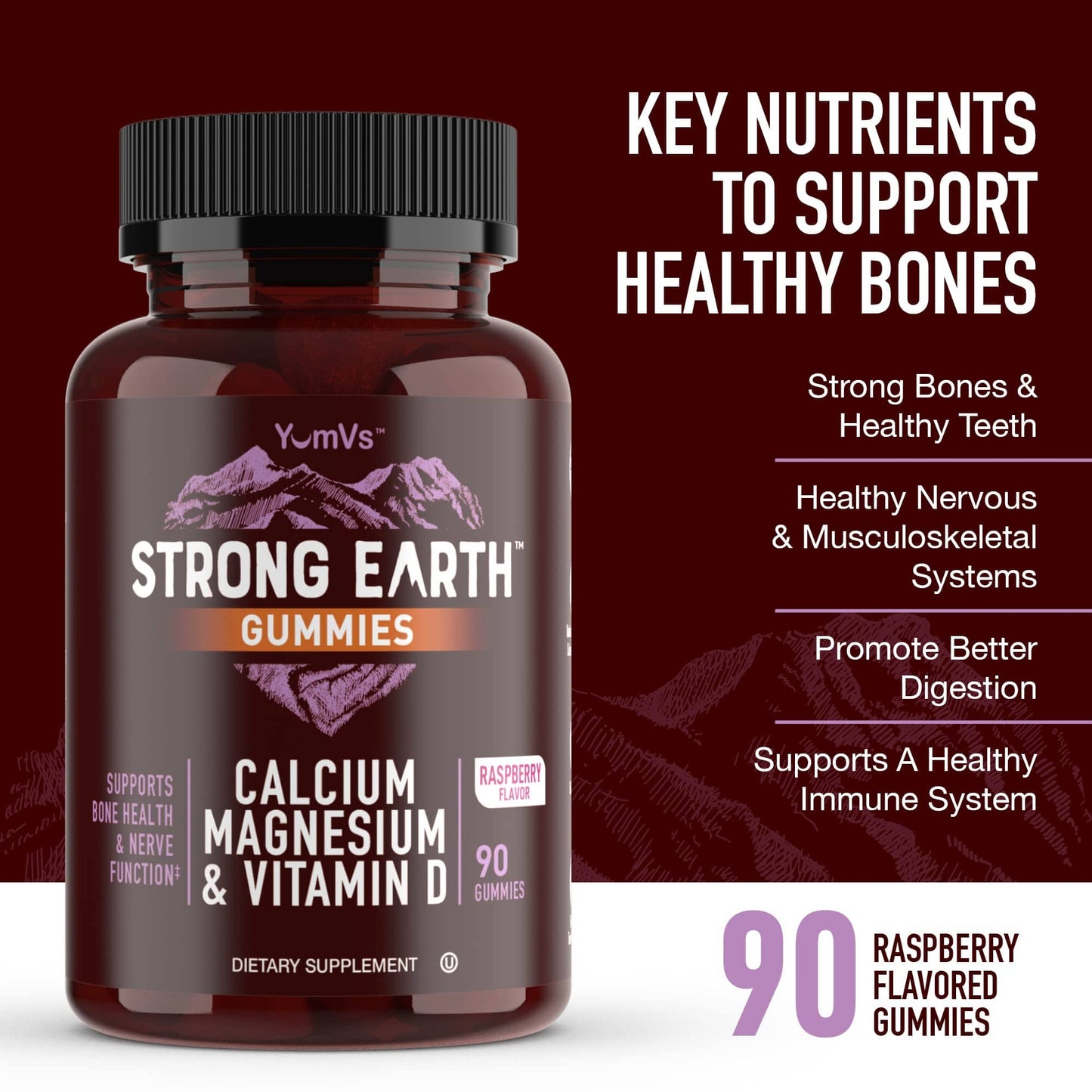 YUM-V'S Strong Earth Calcium Magnesium Vitamin D3 Gummies – Kosher, 90 Count (Pack of 2)