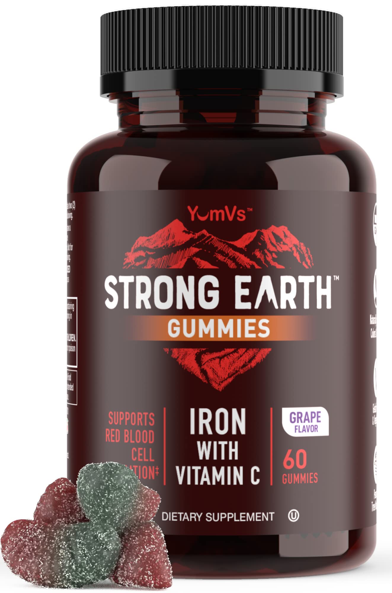 YUM-V'S Strong Earth Iron Gummies with Vitamin C - 60 Count (Iron Supplement)