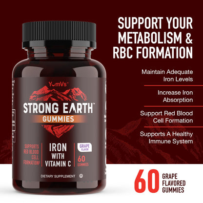 YUM-V'S Strong Earth Iron Gummies with Vitamin C - 60 Count (Iron Supplement)