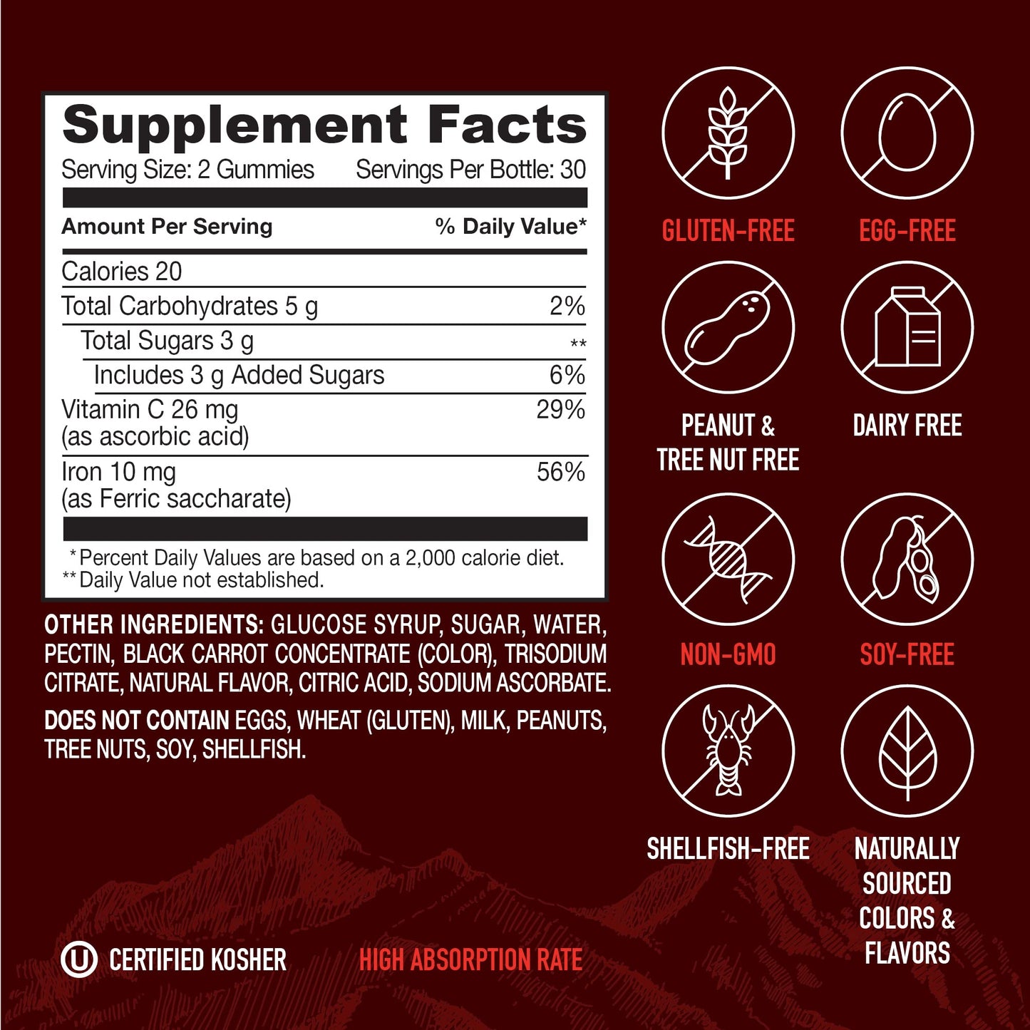 YUM-V'S Strong Earth Iron Gummies with Vitamin C - 60 Count (Iron Supplement)