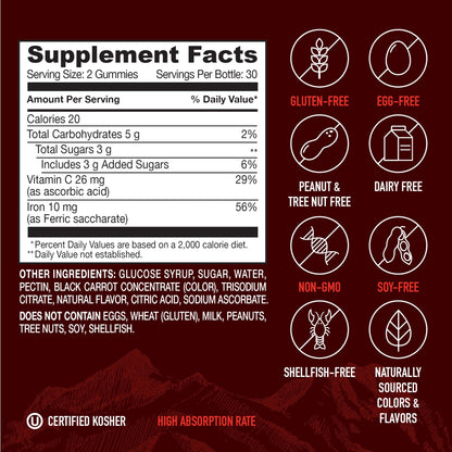YUM-V'S Strong Earth Iron Gummies with Vitamin C - 60 Count (Iron Supplement)