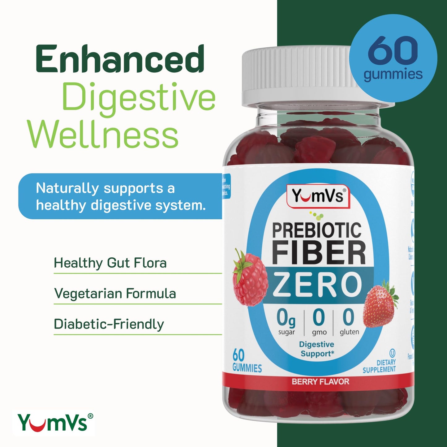 YumVs Sugar Free Fiber Gummies for Adults – 4g Prebiotic Fiber Supplement Gummies for Gut & Digestive Health – Keto Friendly, Vegan, Gluten Free, Non-GMO – Great Tasting Berry Flavor – 60 Count