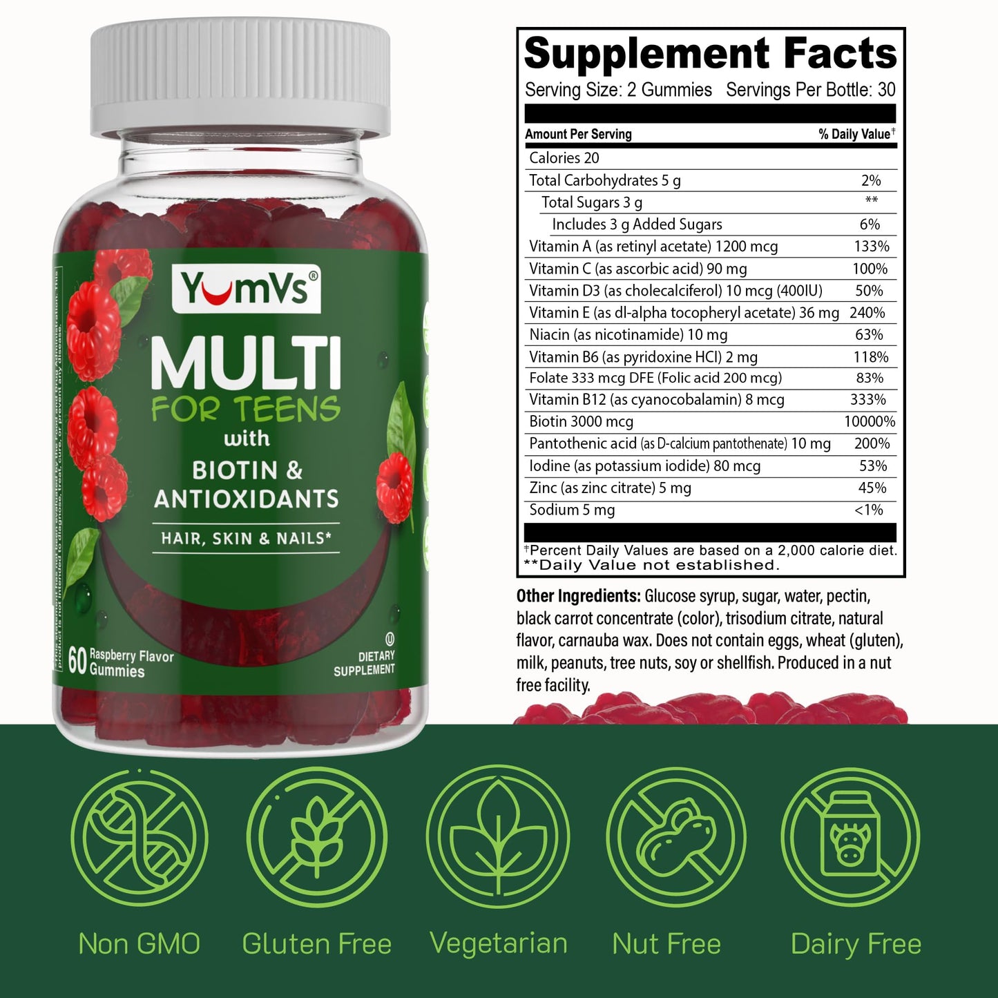 YumVs Teen Multivitamin Gummies - Raspberry Flavor | Biotin & Antioxidants | Hair, Skin & Nails | Kosher 12-17 (60 Count)