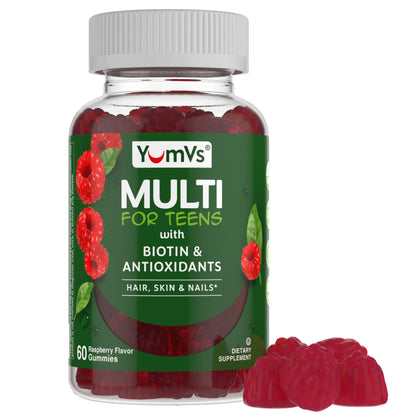 YumVs Teen Multivitamin Gummies - Raspberry Flavor | Biotin & Antioxidants | Hair, Skin & Nails | Kosher 12-17 (60 Count)