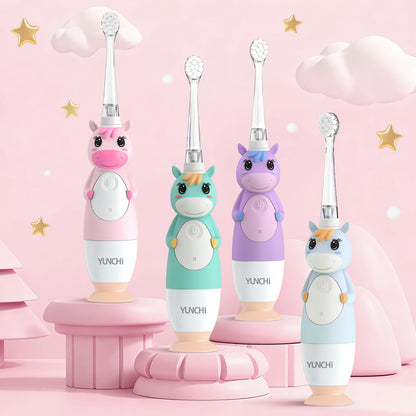 YUNCHI Toddler Electric Toothbrush Pink – 0-6 Years, LED Light, 2-Minute Timer, 4 Brush Heads