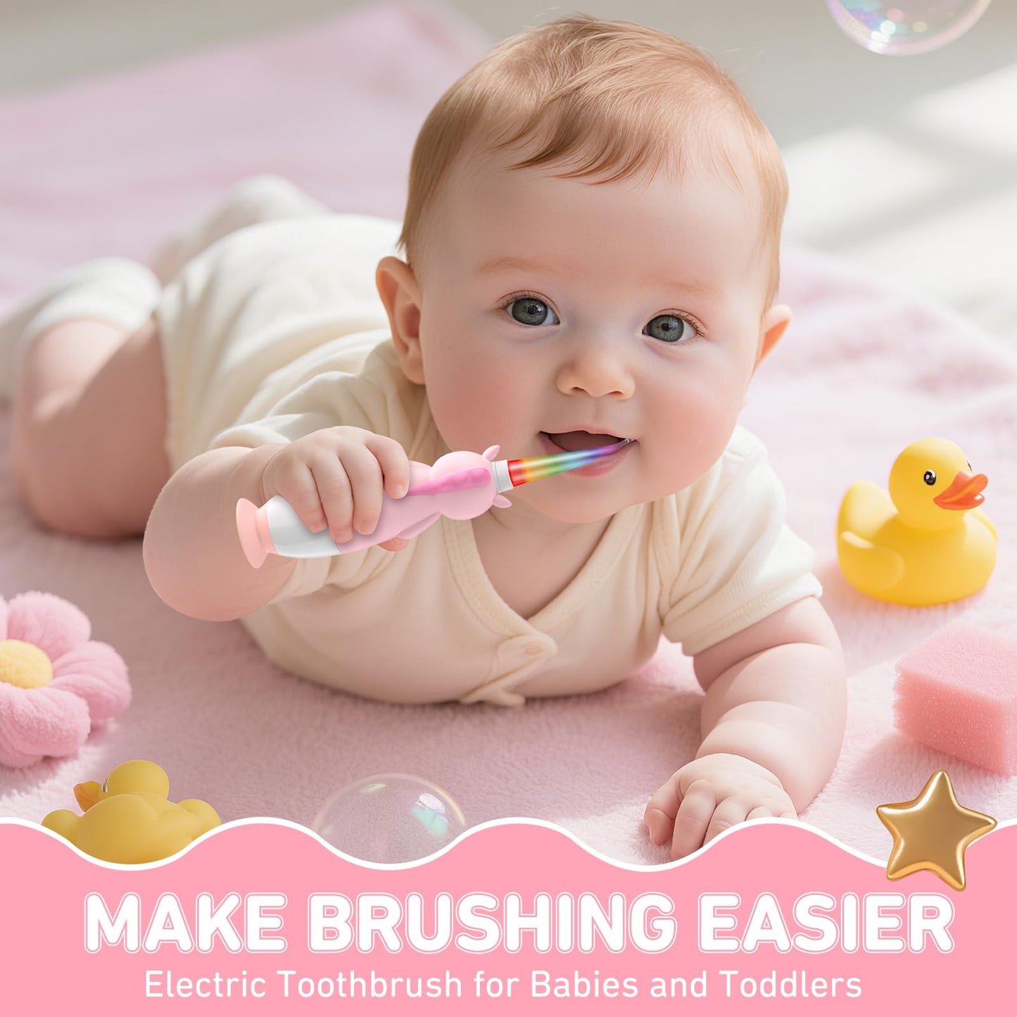 YUNCHI Toddler Electric Toothbrush Pink – 0-6 Years, LED Light, 2-Minute Timer, 4 Brush Heads