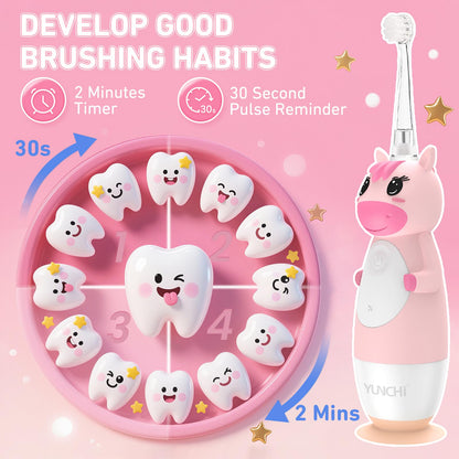 YUNCHI Toddler Electric Toothbrush Pink – 0-6 Years, LED Light, 2-Minute Timer, 4 Brush Heads