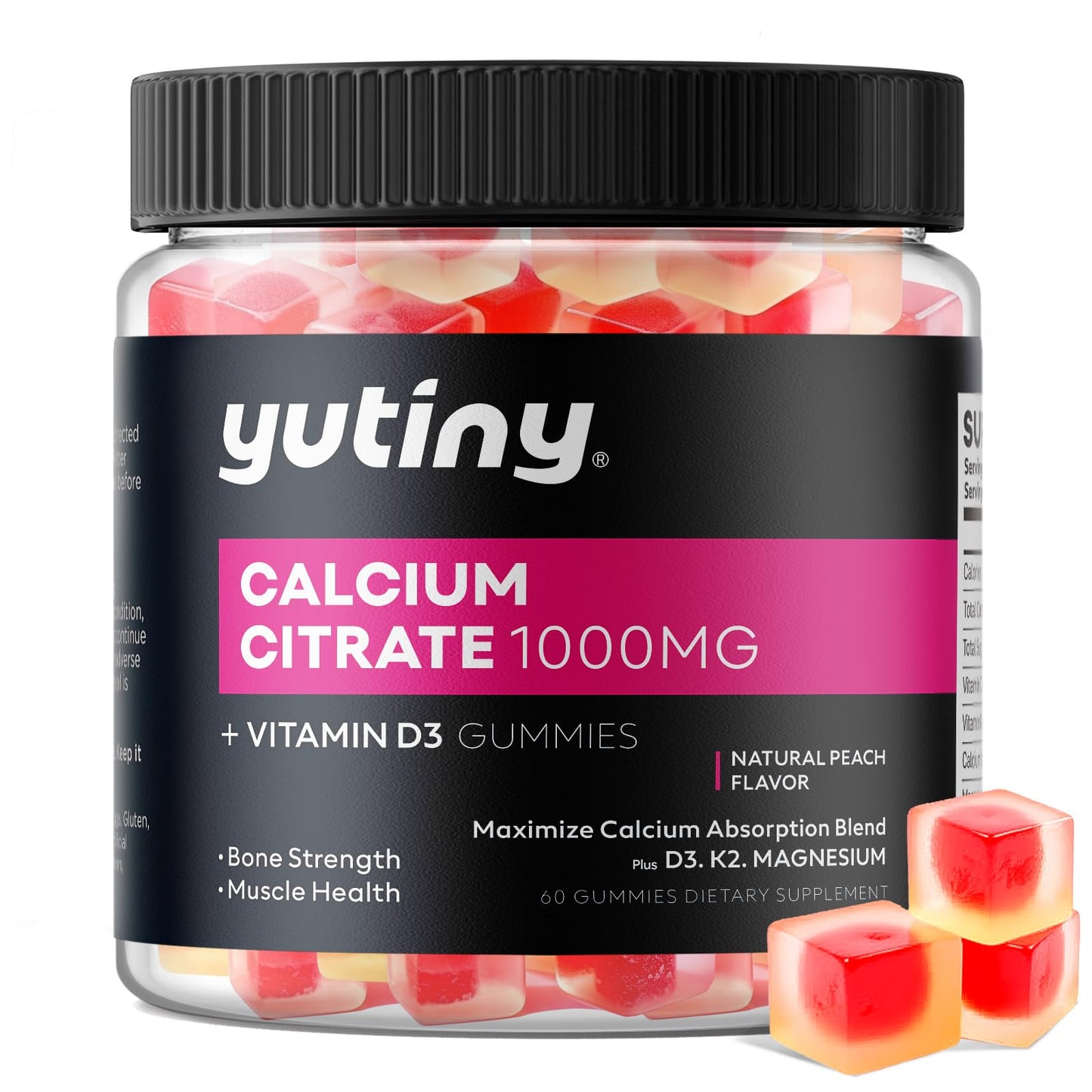 Yutiny Calcium Citrate Gummies 1000mg with Vitamin D3, K2 & Magnesium - 60 Count