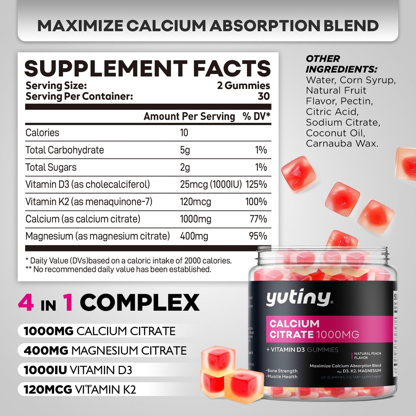 Yutiny Calcium Citrate Gummies 1000mg with Vitamin D3, K2 & Magnesium - 60 Count