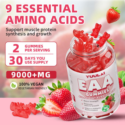 YUULAI EAA Gummies Pack (2 Bottles) – 9 EAAs + BCAAs, Strawberry, 120 Count