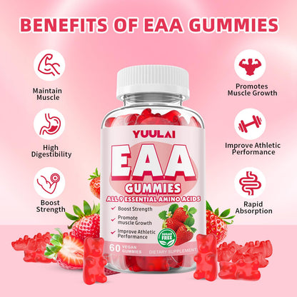 YUULAI EAA Gummies Pack (2 Bottles) – 9 EAAs + BCAAs, Strawberry, 120 Count