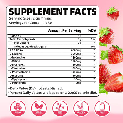 YUULAI EAA Gummies Pack (2 Bottles) – 9 EAAs + BCAAs, Strawberry, 120 Count