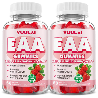 YUULAI EAA Gummies Pack (2 Bottles) – 9 EAAs + BCAAs, Strawberry, 120 Count
