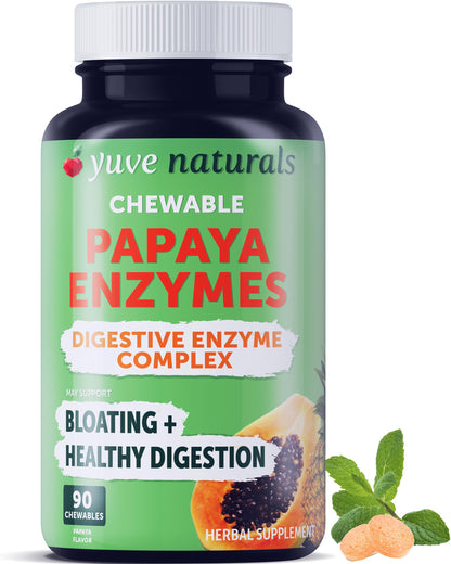 Yuve Naturals Chewable Papaya Enzymes – Sugar-Free Plant-Based Digestive Enzymes – Vegan, Non-GMO, Gluten-Free – 90ct