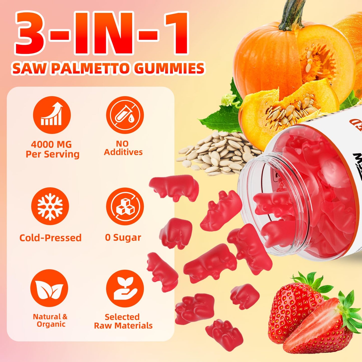 YXSW Pumpkin Seed Oil Gummies with Saw Palmetto – Hair Growth, Skin Health & Prostate Support | Strawberry Flavor, 60 Count