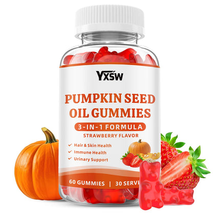 YXSW Pumpkin Seed Oil Gummies with Saw Palmetto – Hair Growth, Skin Health & Prostate Support | Strawberry Flavor, 60 Count