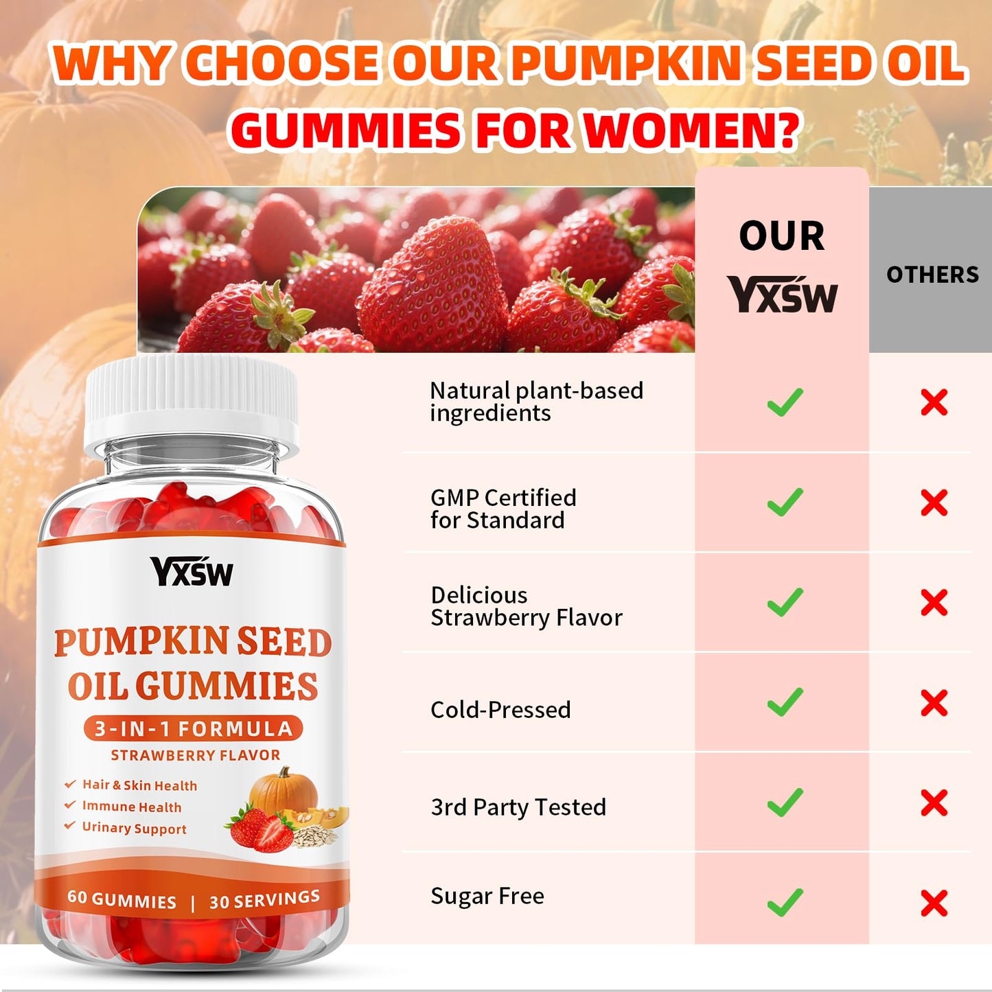 YXSW Pumpkin Seed Oil Gummies with Saw Palmetto – Hair Growth, Skin Health & Prostate Support | Strawberry Flavor, 60 Count