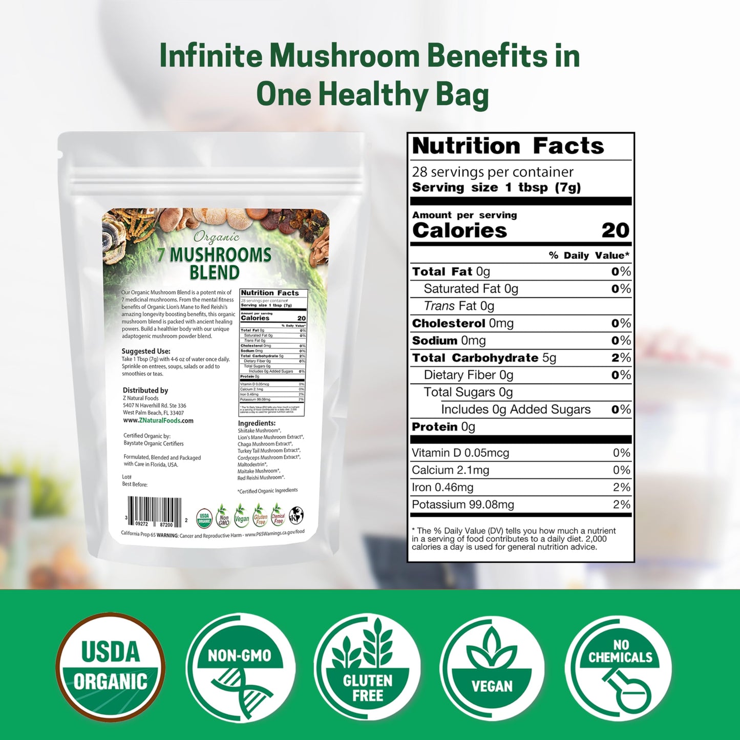 Z Natural Foods Organic 7 Mushroom Blend — Immune Support, Cognition & Wellness (7 oz)